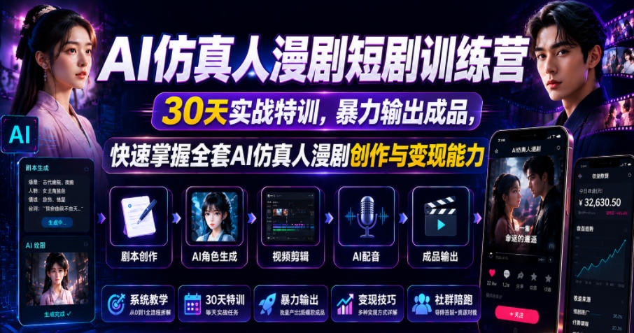 AI仿真人漫剧短剧训练营，30天实战特训，暴力输出成品，快速掌握全套AI仿真人漫剧创作与变现能力-heixxmi