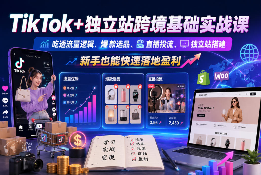 TikTok+独立站跨境基础实战课，吃透流量逻辑、爆款选品、直播投流与独立站搭建，新手也能快速落地盈利-heixxmi