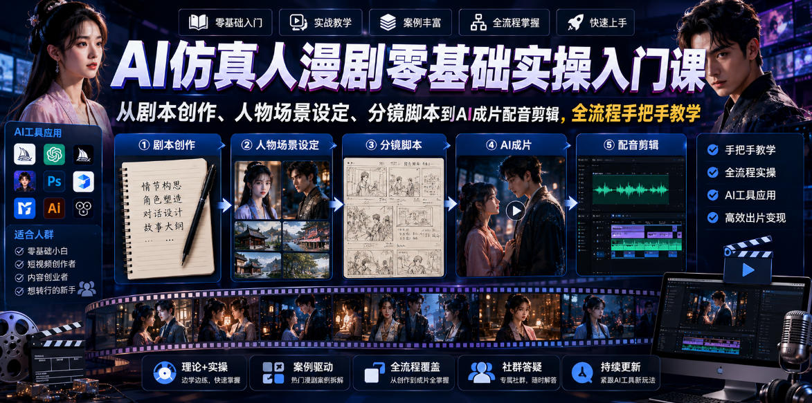 AI仿真人漫剧零基础实操入门课，从剧本创作、人物场景设定、分镜脚本到AI成片配音剪辑，全流程手把手教学-heixxmi
