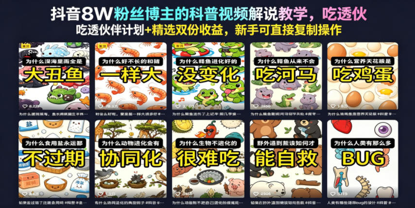 抖音8W粉丝博主的科普视频解说教学，吃透伙伴计划+精选双份收益，新手可直接复制操作-heixxmi