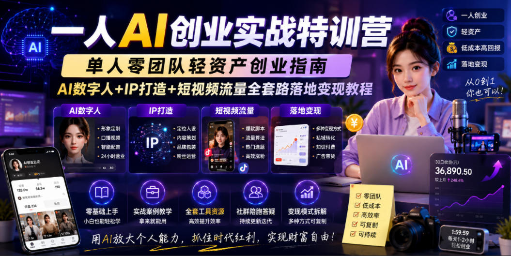 一人AI创业实战特训营，单人零团队轻资产创业指南，AI数字人+IP打造+短视频流量全套路落地变现教程-heixxmi