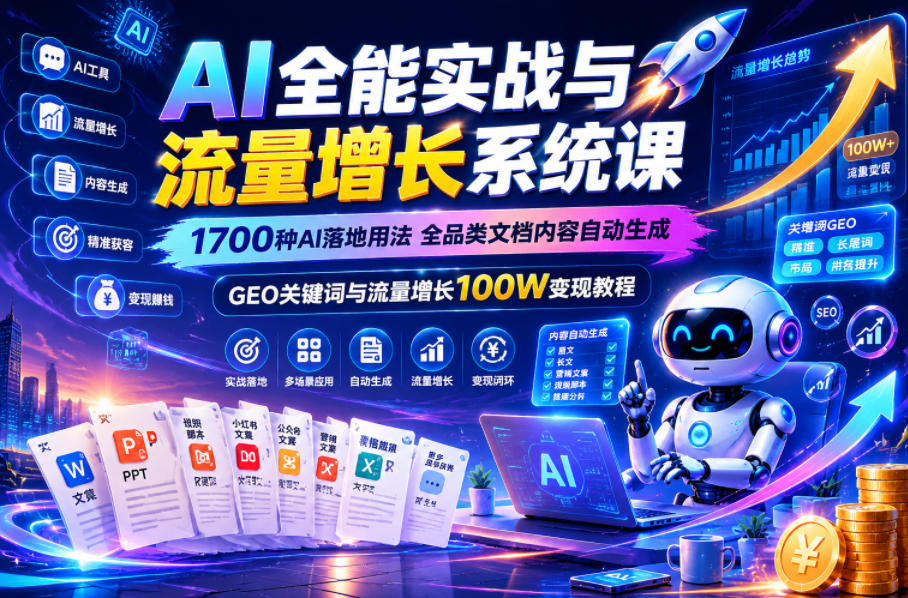 AI全能实战与流量增长系统课，1700种AI落地用法，全品类文档内容自动生成，GEO关键词与流量增长100W变现教程-heixxmi