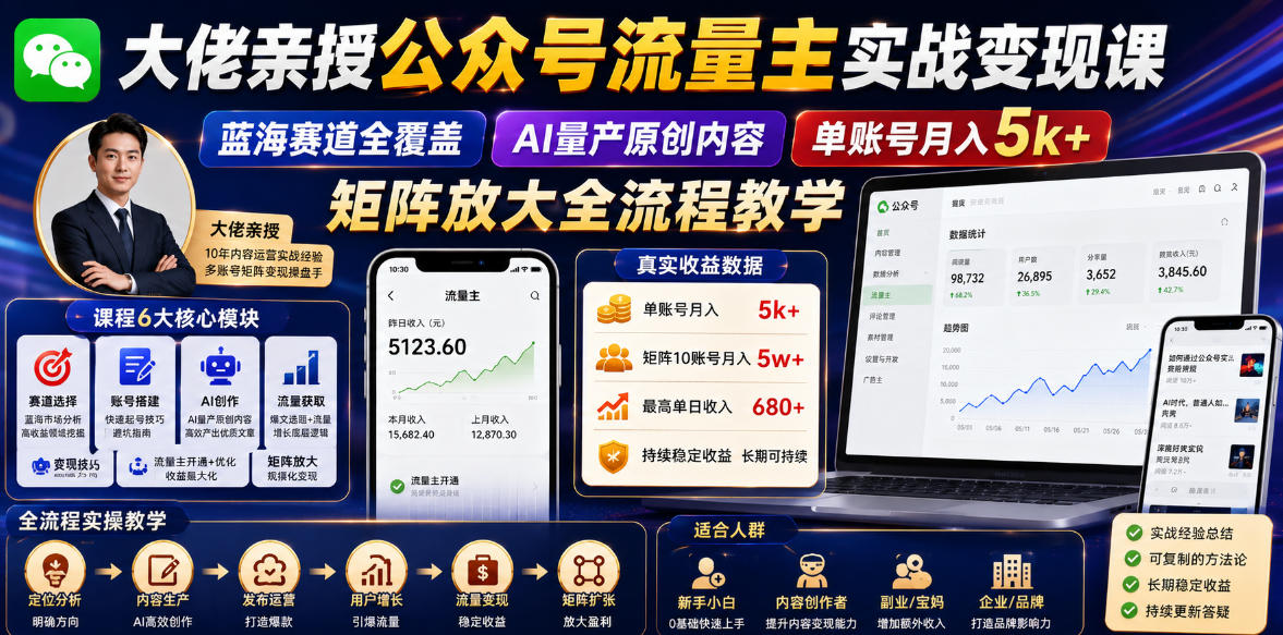 大佬亲授公众号流量主实战变现课，蓝海赛道全覆盖，AI量产原创内容，单账号月入5k+矩阵放大全流程教学-heixxmi