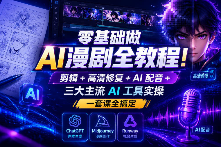 零基础做AI漫剧全教程！剪辑+高清修复+AI配音+三大主流AI工具实操，一套课全搞定-heixxmi