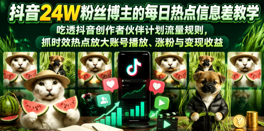 抖音24W粉丝博主的每日热点信息差教学，吃透创作者伙伴计划流量规则，抓时效热点放大账号播放、涨粉与变现收益(更新)-heixxmi