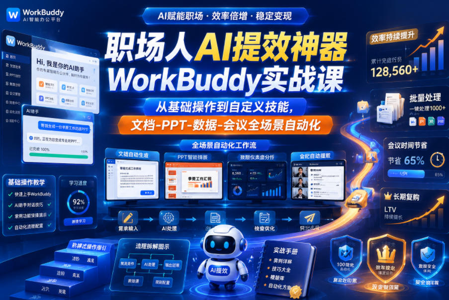 职场人AI提效神器WorkBuddy实战课，从基础操作到自定义技能，文档-PPT-数据-会议全场景自动化-heixxmi