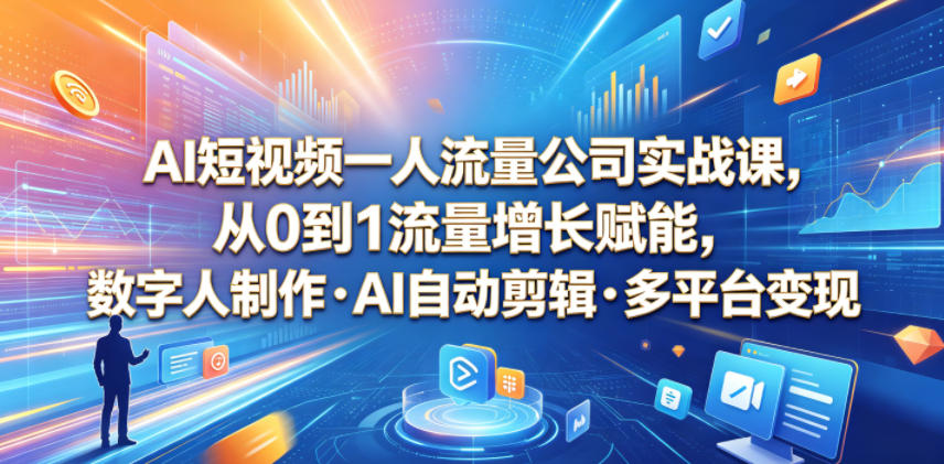 AI短视频一人流量公司实战课，从0到1流量增长赋能，数字人制作・AI自动剪辑・多平台变现，一人做流量生意全落地教程-heixxmi