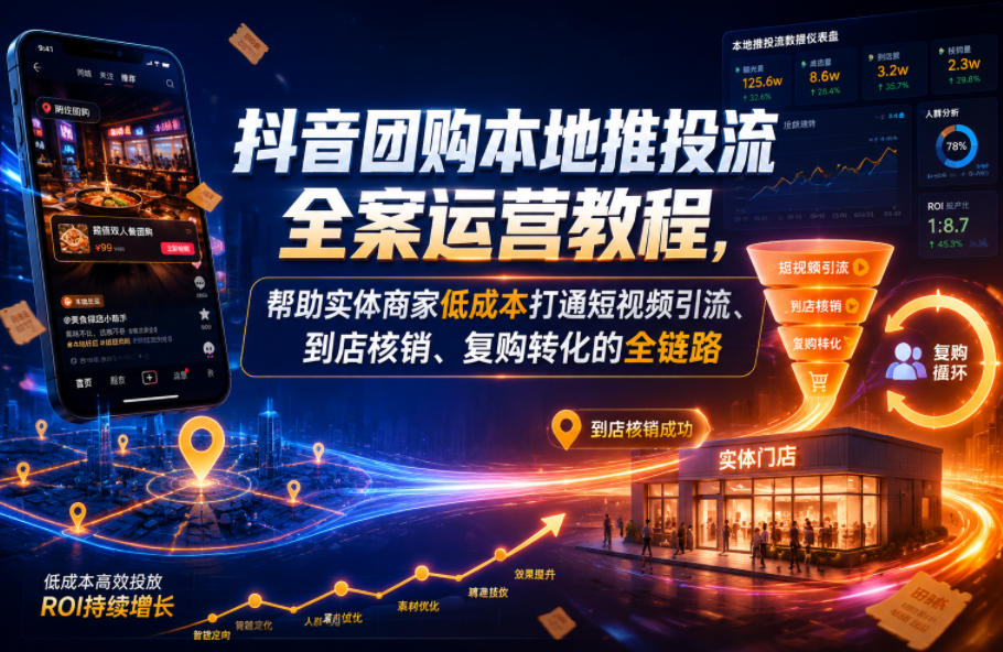 抖音团购本地推投流全案运营教程，帮助实体商家低成本打通短视频引流、到店核销、复购转化的全链路-heixxmi