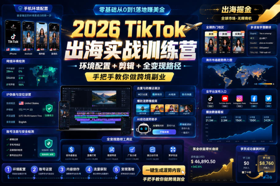 2026 TikTok出海实战训练营，环境配置 + 剪辑 + 全变现路径，手把手教你做跨境副业-heixxmi