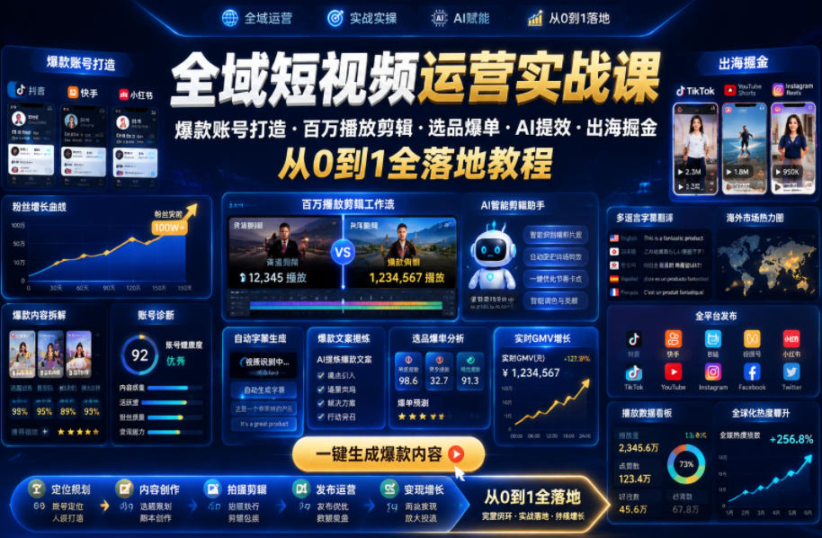 全域短视频运营实战课，爆款账号打造・百万播放剪辑・选品爆单・AI提效・出海掘金，从0到1全落地教程-heixxmi
