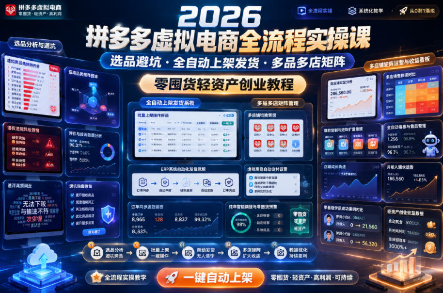 2026拼多多虚拟电商全流程实操课，选品避坑・全自动上架发货・多品多店矩阵，零囤货轻资产创业教程-heixxmi