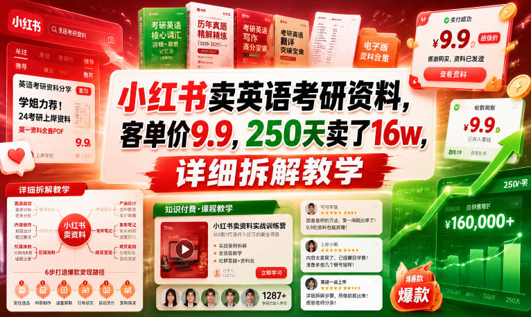 小红书卖英语考研资料，客单价9.9，250天卖了16w，详细拆解教学-heixxmi