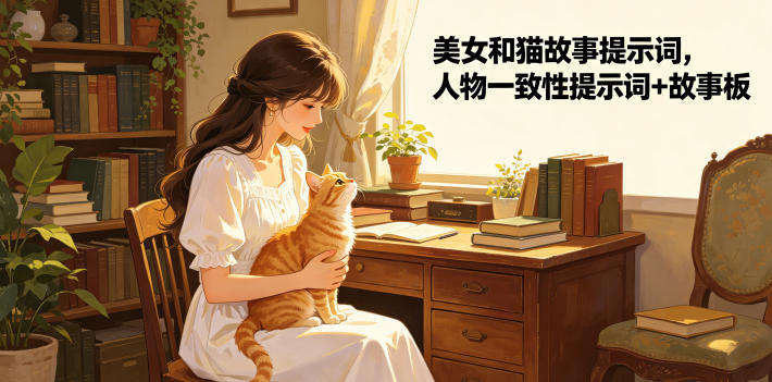 美女和猫故事提示词，人物一致性提示词+故事板-heixxmi