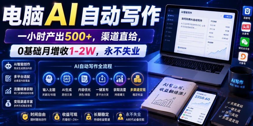 电脑AI自动写作，一小时产出500+，渠道直给，0基础月增收1-2W，永不失业【揭秘】-heixxmi