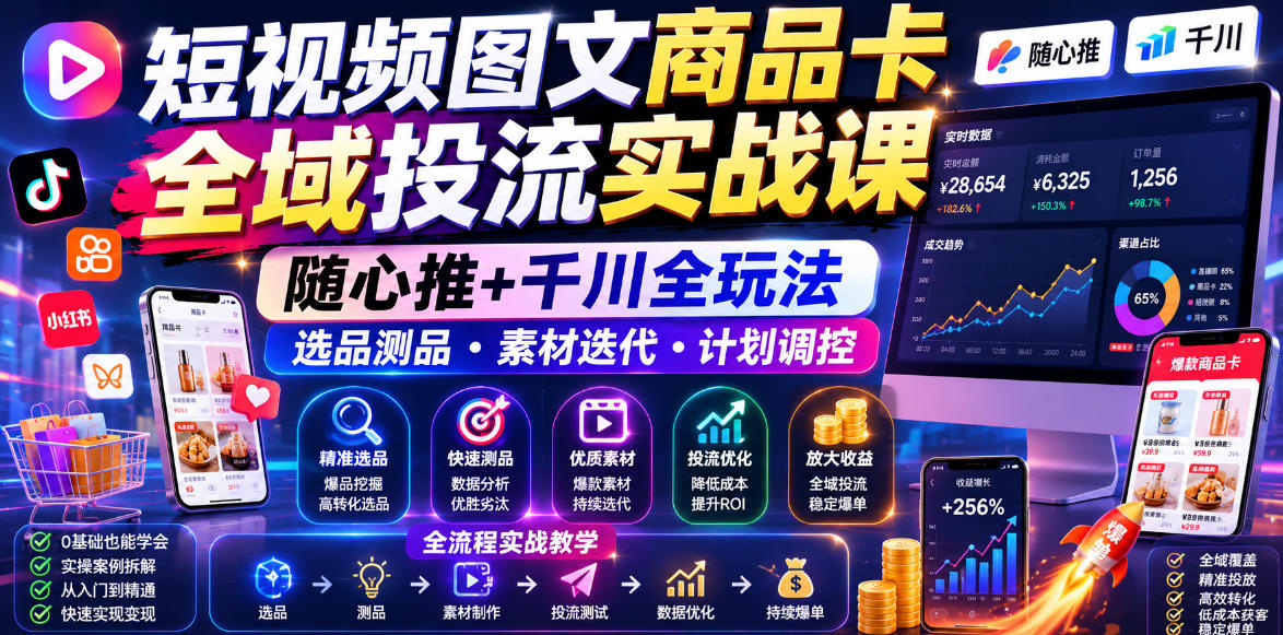 短视频图文商品卡全域投流实战课，随心推+千川全玩法，选品测品・素材迭代・计划调控，提升ROI爆单增收教程-heixxmi