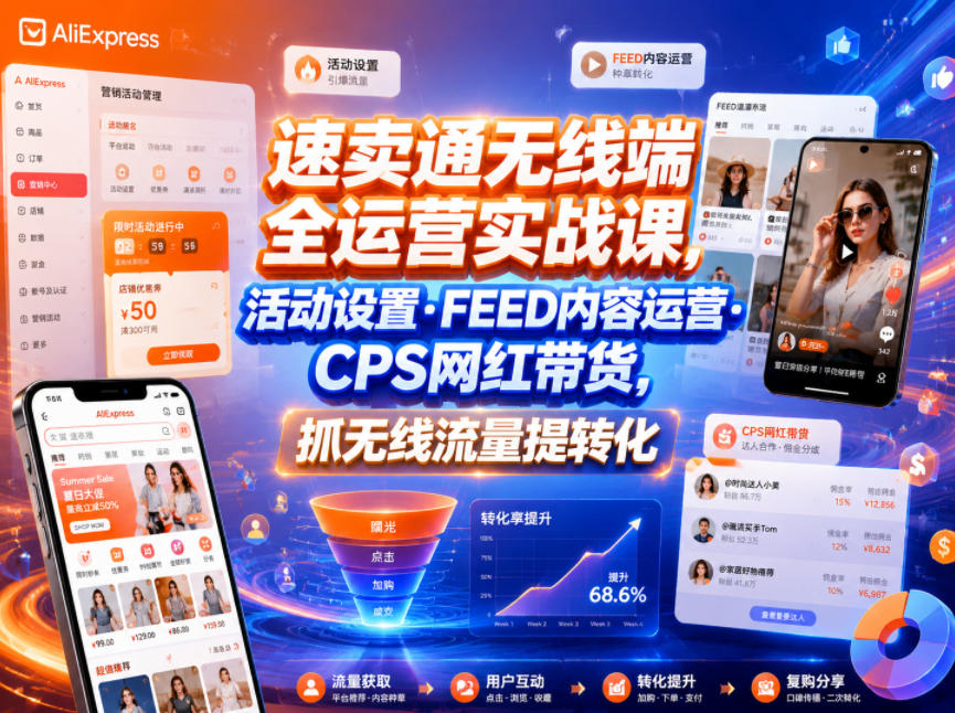 速卖通无线端全运营实战课，活动设置・FEED内容运营・CPS网红带货，抓无线流量提转化-heixxmi