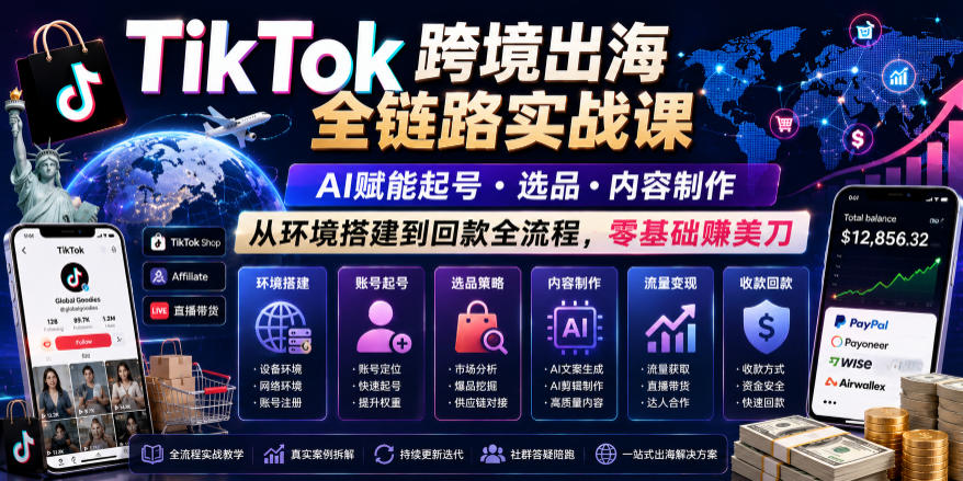 TikTok跨境出海全链路实战课，AI赋能起号・选品・内容制作，从环境搭建到回款全流程，零基础賺美刀-heixxmi