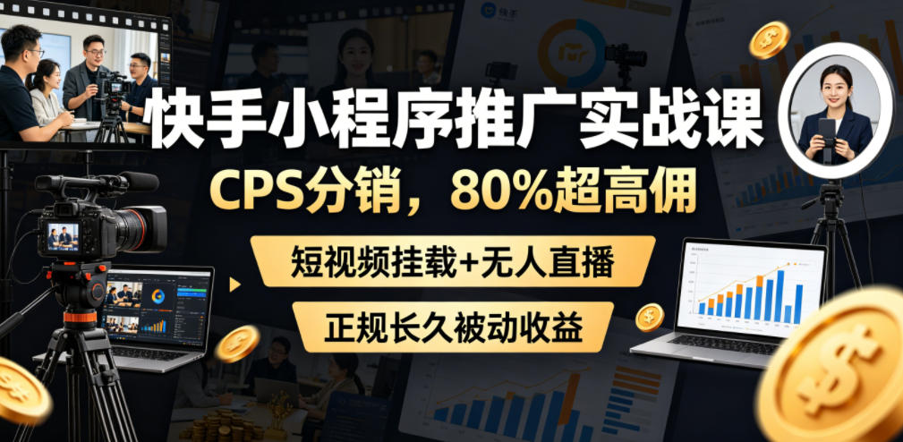 快手小程序推广实战课，CPS分销，80%超高佣，短视频挂载+无人直播，正规长久被动收益-heixxmi
