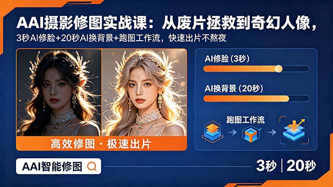 AI摄影修图实战课：从废片拯救 到 奇幻人像，3秒AI修脸+20秒AI换背景+跑图工作流，快速出片不熬夜-heixxmi