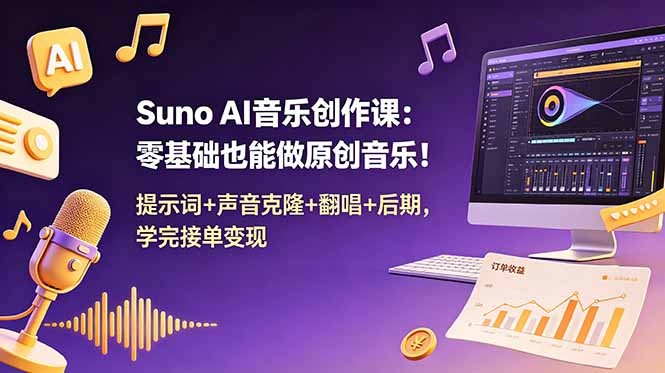 Suno AI音乐创作课：零基础也能做原创音乐！提示词+声音克隆+翻唱+后期，学完接单变现-heixxmi