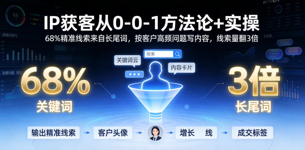 IP获客从0-1方法论+实操，68%精准线索来自长尾词，按客户高频问题写内容，线索量翻3倍-heixxmi