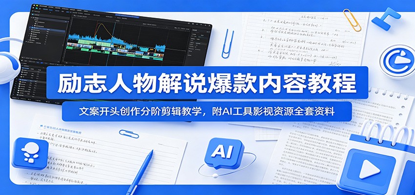 励志人物解说爆款内容教程：文案开头创作分阶剪辑教学，附AI 工具影视资源全套资料-heixxmi