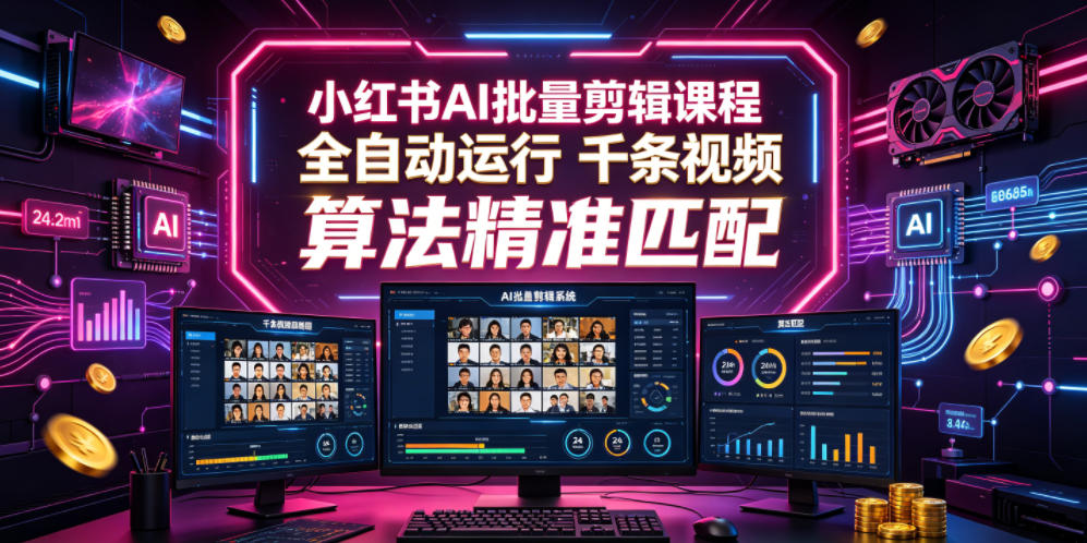小红书AI批量剪辑课程，24小时全自动运行，解放双手专注运营，千条视频批量处理，小红书算法精准匹配-heixxmi