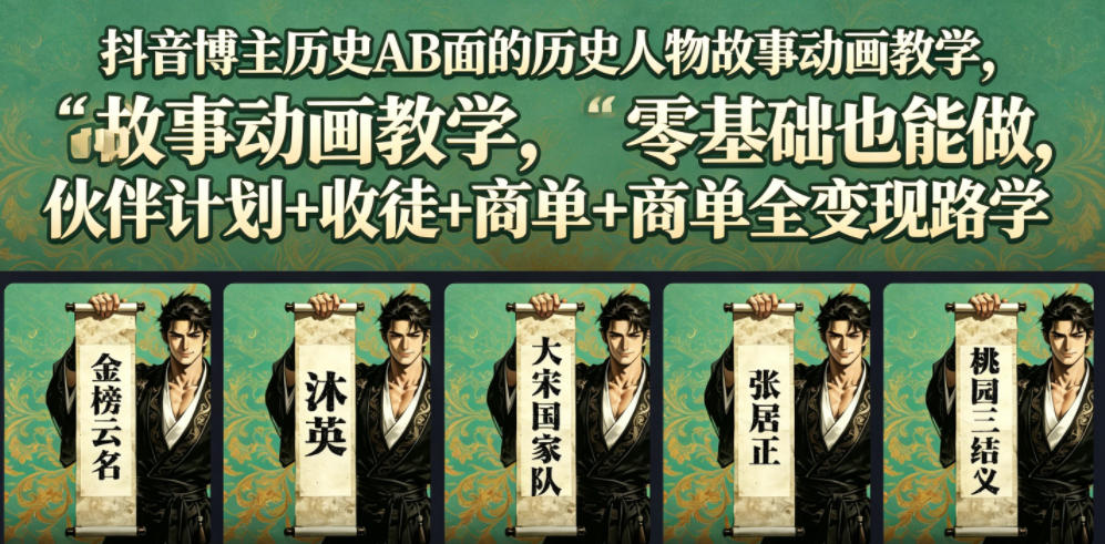 抖音博主历史AB面的历史人物故事动画教学，零基础也能做，伙伴计划+收徒+商单全变现路径教学-heixxmi