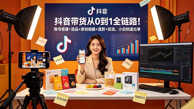 抖音带货从0到1全链路！账号搭建+选品+原创拍摄+混剪+投流，小白快速出单-heixxmi