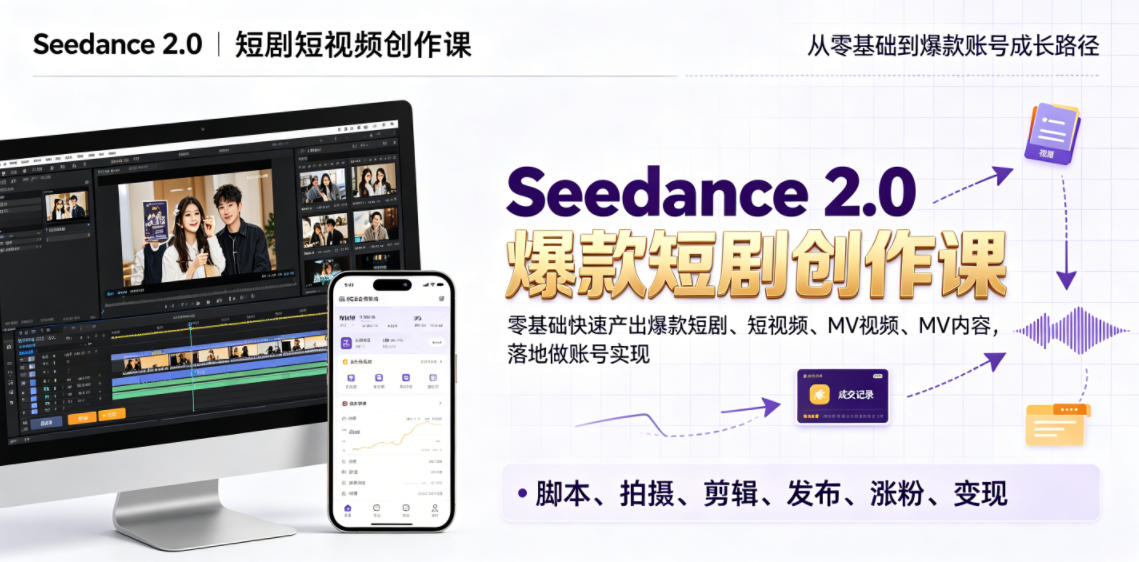 Seedance 2.0短剧短视频创作课，零基础快速产出爆款短剧、短视频、MV内容，落地做账号实现变现-heixxmi
