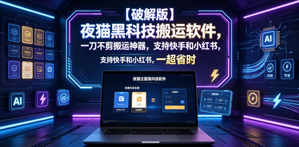 【破解版】夜猫黑科技搬运软件，一刀不剪搬运神器，支持快手和小红书，一键搬运超省时！-heixxmi