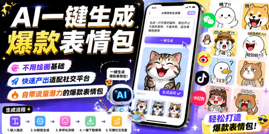 AI一键生成爆款表情包，不用绘画基础，快速产出适配社交平台，自带流量潜力的爆款表情包-heixxmi