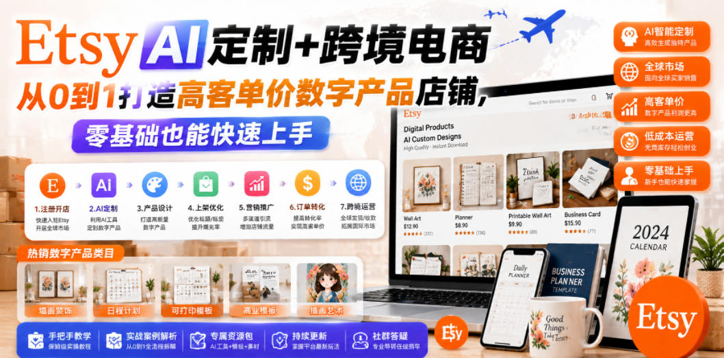 Etsy AI定制+跨境电商，从0到1打造高客单价数字产品店铺，零基础也能快速上手-heixxmi