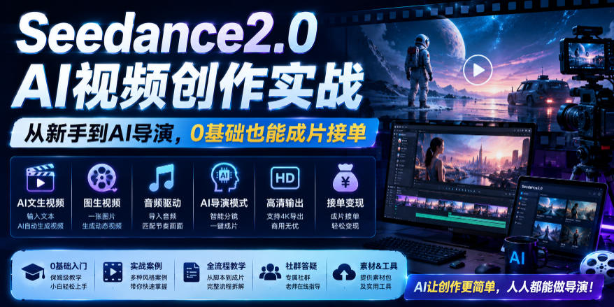 Seedance2.0 AI视频创作实战，从新手到AI导演，0基础也能成片接单变现-heixxmi