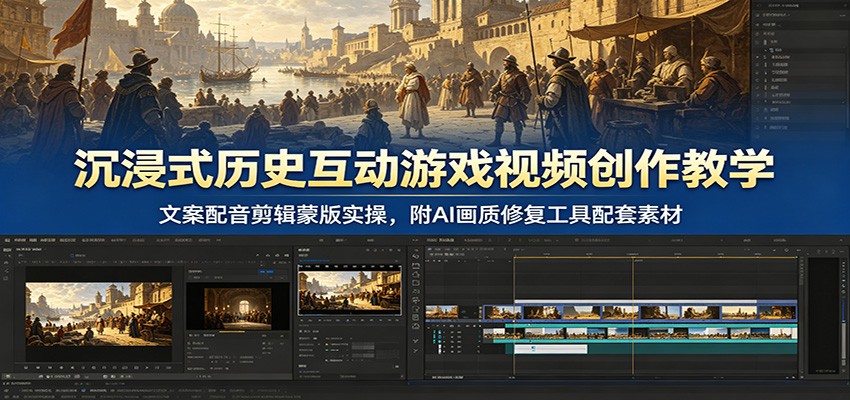 沉浸式历史互动游戏视频创作教学：文案配音剪辑蒙版实操，附AI画质修复工具配套素材-heixxmi