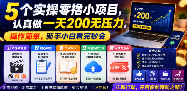 5个实操零撸小项目，认真做一天200无压力，操作简单，新手小白看完秒会【揭秘】-heixxmi