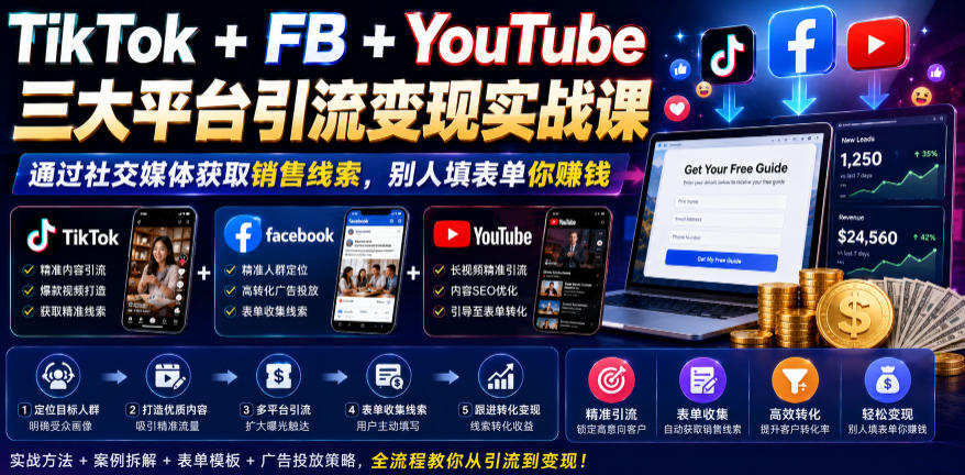 TikTok+FB+YouTube三大平台引流变现实战课，通过社交媒体获取销售线索，别人填表单你賺钱【原创双语字幕】-heixxmi