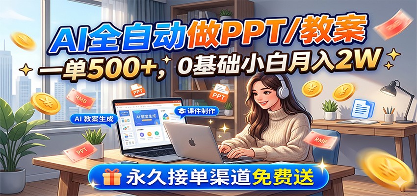 AI全自动做PPT/教案，一单500+，0基础小白月入2W，永久接单渠道免费送-heixxmi