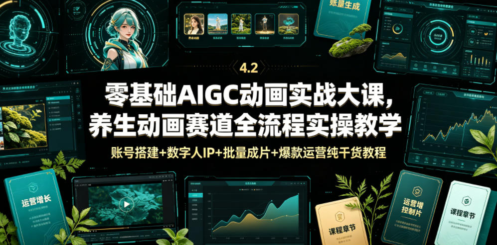 零基础AIGC动画实战大课，养生动画赛道全流程实操教学，账号搭建+数字人IP+批量成片+爆款运营纯干货教程-heixxmi