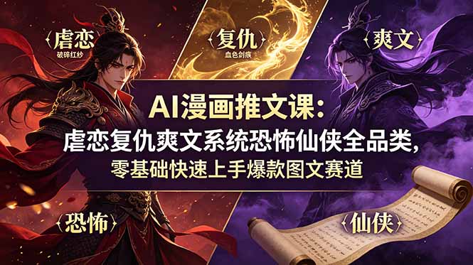 AI漫画推文课：虐恋复仇爽文系统恐怖仙侠全品类，零基础快速上手爆款图文赛道-heixxmi