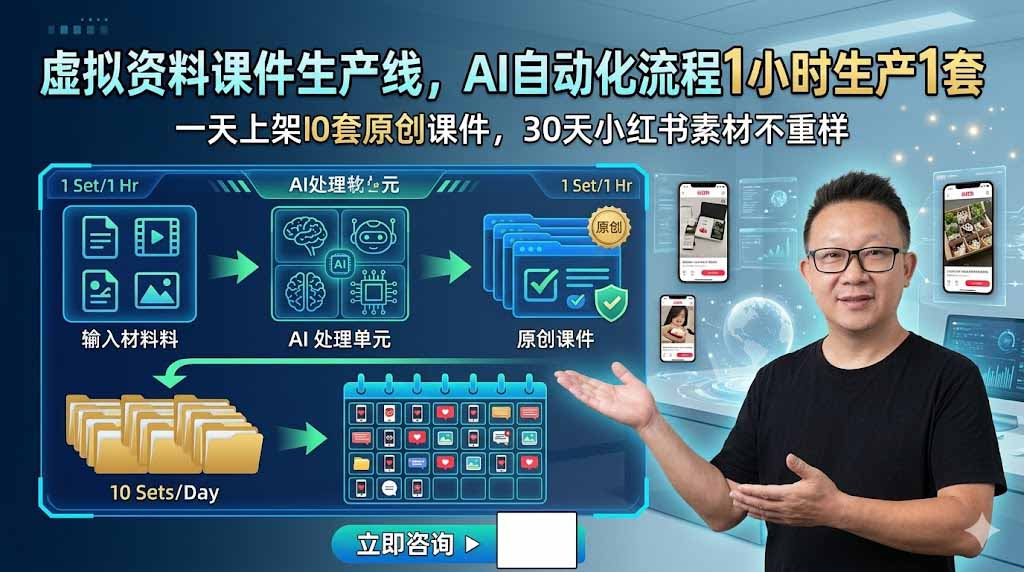 虚拟资料课件生产线，AI自动化流程1小时生产1套，一天上架10套原创课件，30天小红书素材不重样-heixxmi