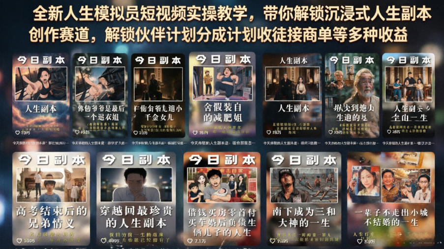 全新人生模拟员短视频实操教学，带你解锁沉浸式人生副本创作赛道，解锁伙伴计划分成计划收徒接商单等多种收益-heixxmi