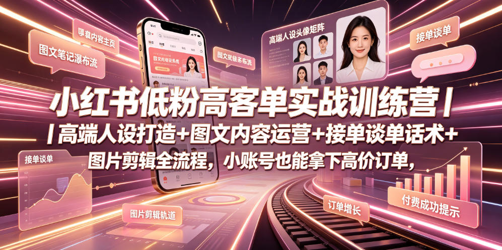 小红书低粉高客单实战训练营｜高端人设打造+图文内容运营+接单谈单话术+图片剪辑全流程，小账号也能拿下高价订单-heixxmi
