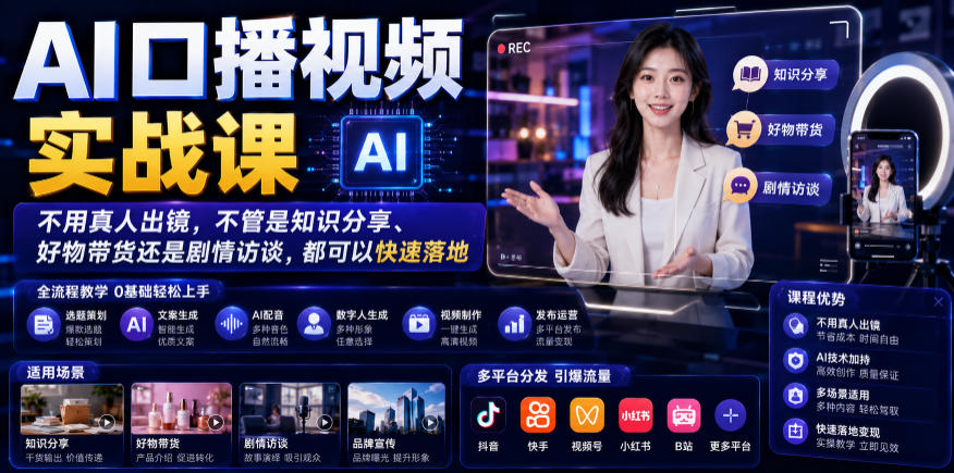 AI口播视频实战课，不用真人出镜，不管是知识分享、好物带货还是剧情访谈，都可以快速落地-heixxmi