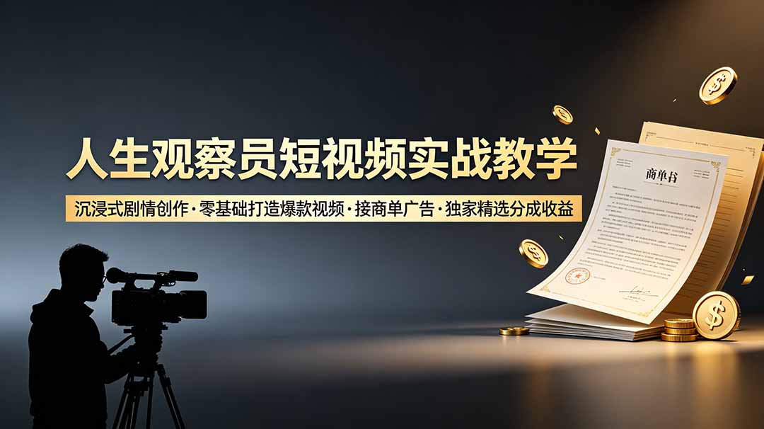 人生观察员短视频实战教学，沉浸式剧情创作，零基础打造爆款视频，接商单广告，独家精选分成收益-heixxmi