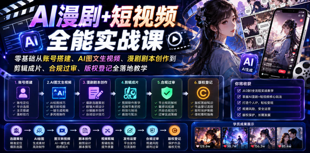 AI漫剧+短视频全能实战课｜零基础从账号搭建、AI图文生视频、漫剧剧本创作到剪辑成片、合规过审、版权登记全落地教学-heixxmi