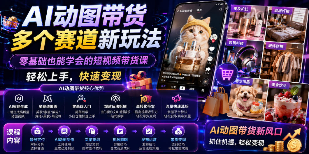 AI动图带货多个赛道新玩法，零基础也能学会的短视频带货课，轻松上手，快速变现-heixxmi