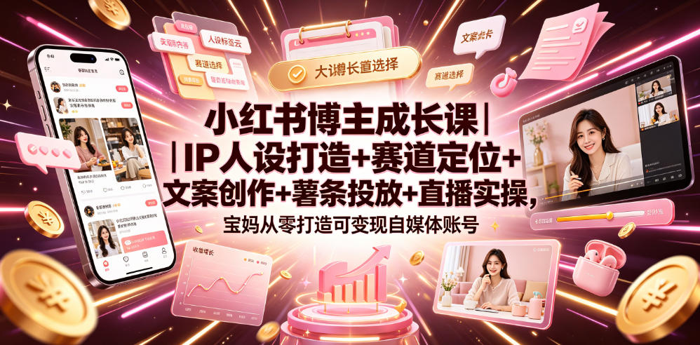 小红书博主成长课｜IP人设打造+赛道定位+文案创作+薯条投放+直播实操，宝妈从零打造可变现自媒体账号-heixxmi