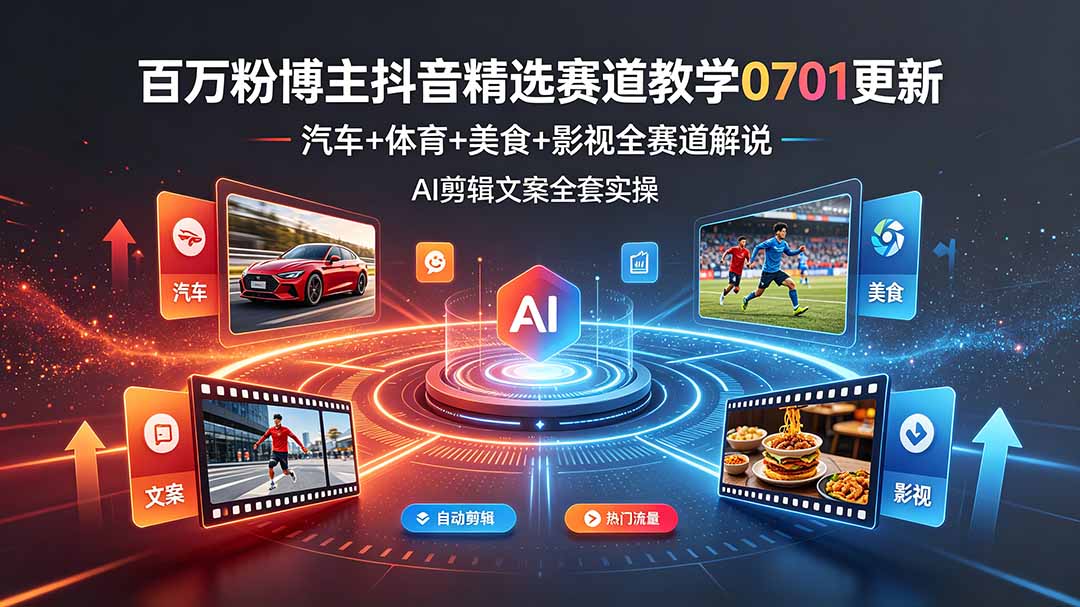 百万粉博主抖音精选赛道教学-0701更新，汽车+体育+美食+影视全赛道解说，AI剪辑文案全套实操-heixxmi