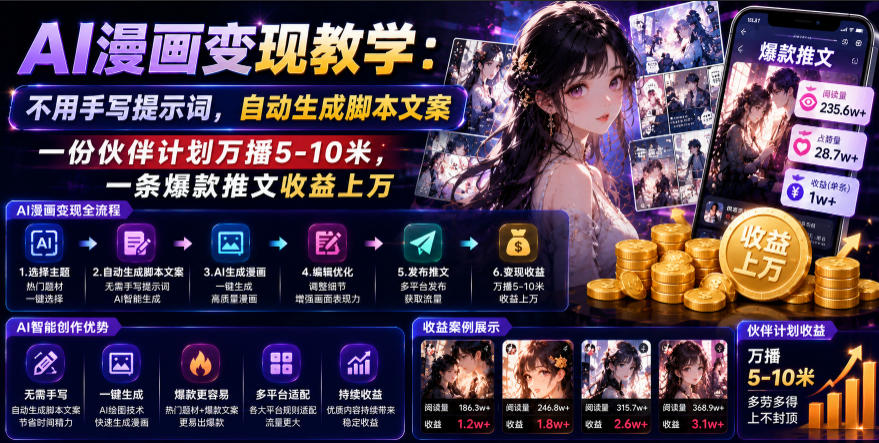 AI漫画变现教学：不用手写提示词，自动生成脚本文案，一份伙伴计划万播5-10米，一条爆款推文收益上W-heixxmi